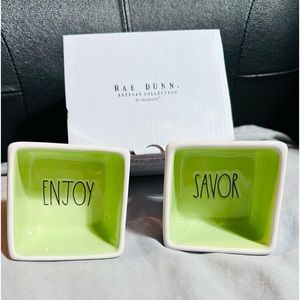 Rae Dunn Artisan Savor and Enjoy Square Ceramic Dipping Bowl Set of 2